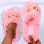 autumn new gold chain decor peep toe stylish home fur slippers_Black_White_Beige_Pink