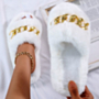 autumn new gold chain decor peep toe stylish home fur slippers_Black_White