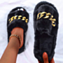 autumn new gold chain decor peep toe stylish home fur slippers_Black