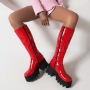 eur35-eur39 winter new 3 colors thick bottom side zip-up high-upper stylish high-heel boots(front heel height:4cm, back heel height:8cm, shaft height:35cm)_Black_White_Red