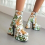 eur34-eur39 autumn & winter new 3 colors floral printing stylish high-heel boots(front heel height:5cm, back heel height:14cm, shaft height:13cm)_Black_White_Yellow