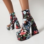 eur34-eur39 autumn & winter new 3 colors floral printing stylish high-heel boots(front heel height:5cm, back heel height:14cm, shaft height:13cm)_Black