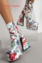 eur40-eur43 autumn & winter new 3 colors floral printing stylish high-heel boots(front heel height:5cm, back heel height:14cm, shaft height:13cm)_Black_White