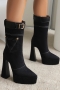 eur34-eur39 winter new 3 colors denim metal-buckle stylish high-heel boots(front heel height:5cm, back heel height:14cm, shaft height:23cm）_Black