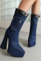eur34-eur39 winter new 3 colors denim metal-buckle stylish high-heel boots(front heel height:5cm, back heel height:14cm, shaft height:23cm）_Black_Blue_Dark Blue