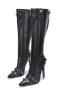 stylish pu leather pointed toe rivet decor zip-up high-tube high-heel boots_Black
