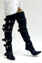 stylish 4 colors pointed toe metallic buckle over knee zip-up high-heel boots_Black