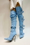 stylish 4 colors pointed toe metallic buckle over knee zip-up high-heel boots_Black_Sky Blue
