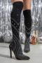 exquisite two colors rhinestone decor over knee pointed toe high-heel boots_Black