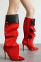 chic suede fabric snap button design pointed toe velvet lined high-heel boots_Black_Red