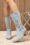 stylish retro two colors denim fabric embroidery zip-up side mid-heel cowgirl boots_Sky Blue