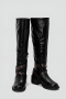 stylish 3 colors pu leather metallic chain high-tube midi-heel cowgirl boots_Black