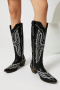 chic 4 colors pu leather pointed toe embroidery midi-heel cowgirl boots_Black
