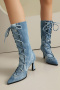eur34-eur39 chic two colors denim pointed toe strappy high-heel cowgirl boots_Blue