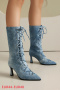 eur44-eur48 chic two colors denim pointed toe strappy high-heel cowgirl boots_Blue