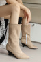 chic two colors suede upper pointed toe zip-up side midi-heel cowgirl boots_Black_Beige