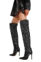 exquisite pu leather sequin pointed toe high-tube zip-up side high-heel boots_Black