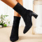 chic two colors knitted upper chunky heel pointed toe boots_Black
