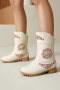stylish retro 4 colors pu leather embroidery chunky low-heel boots_Black_Pink_Green_Beige