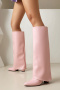 chic 3 colors pu leather pointed toe chunky high-heel boots_Black_White_Pink