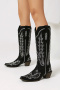 stylish 4 colors pu leather embroidery high-tube chunky heel cowgirl boots_Black