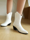 chic 4 colors pu leather pointed toe chunky heel cowgirl boots_Black_White