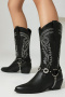 chic retro 4 colors pu leather metallic chain chunky heel cowgirl boots_Black