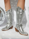 chic retro 4 colors pu leather metallic chain chunky heel cowgirl boots_Black_White_Brown_Silver