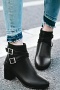 chic 3 colors metallic buckle zip-up chunky heel boots_Black
