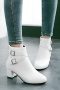 chic 3 colors metallic buckle zip-up chunky heel boots_Black_White