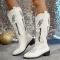 chic 3 colors pu leather butterfly embroidery chunky heel boots_Black_White