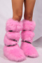 chic 4 colors plush rivet buckles flat warm snow boots_Black_Gray_Pink