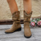 chic two colors suede embroidery mid-calf chunky heel cowgirl martin boots_Khaki