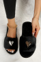 stylish comfortable 6 colors metallic heart peep toe home fur flat slippers_Black