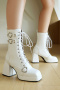 chic 4 colors pu leather square toe strappy heart buckle chunky high-heel boots_Black_White