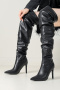 chic 3 colors pu leather pointed toe high-tube ruched high-heel boots_Black