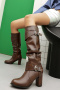 chic 3 colors pu leather zip-up side metallic buckle chunky heel cowgirl boots_Black_White_Brown