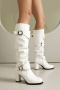 chic 3 colors pu leather zip-up side metallic buckle chunky heel cowgirl boots_Black_White