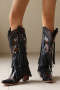 chic 3 colors embroidery pu leather tassel chunky heel cowgirl boots_Black