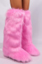 chic pure color plush midi-high tube flat warm snow boots_Black_White_Pink