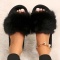 casual home peep toe fluffy comfortable flat slippers_Black