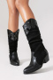 chic 3 colors suede pu leather stitching pointed toe chunky heel cowgirl boots_Black