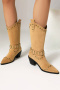 retro stylish 3 colors suede rivet decor pointed toe chunky heel cowgirl boots_Black_Khaki
