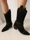 retro stylish 3 colors suede rivet decor pointed toe chunky heel cowgirl boots_Black