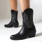chic retro 4 colors pu leather embroidery chunky heel girlcow boots_Black