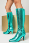 exquisite 5 colors gloss pu leather zip-up side pointed toe chunky heel boots_Magenta_Green