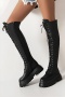 chic two colors pu leather high-tube eyelet strappy zip-up thick bottom boots_Black