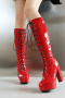 chic 6 colors gloss pu high-tube zip-up side strappy chunky high-heel boots_Black_White_Red