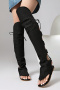 chic two colors denim fabric hollow out over knee flat boots sandals_Black