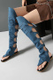 chic two colors denim fabric hollow out over knee flat boots sandals_Black_Blue